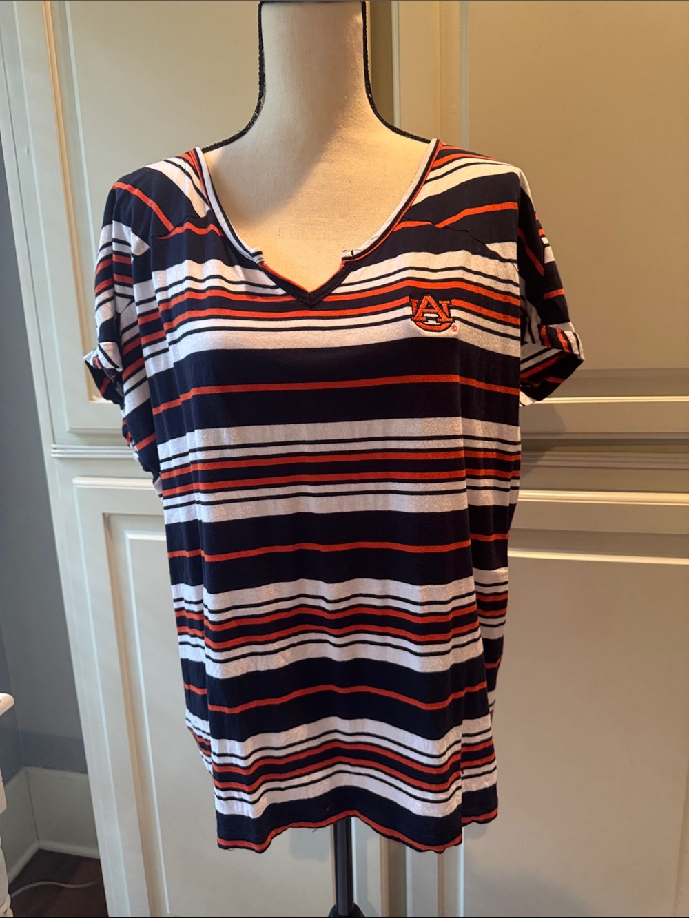 Auburn University Striped V-Neck Tee - Navy, Orange & White